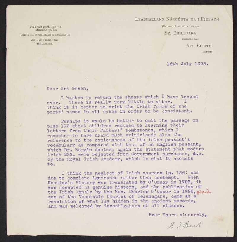 Letter from R.I. Best to Alice Stopford Green suggesting some edits to her latest manuscript,