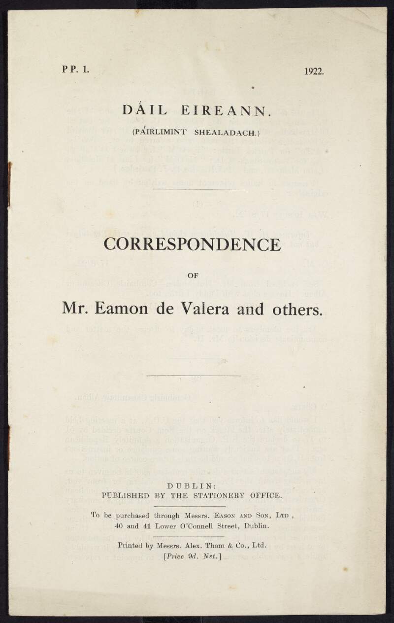 'Correspondence of Mr. Eamon de Valera and others',