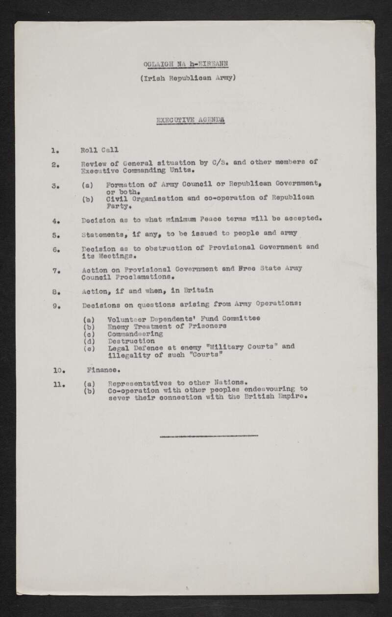 Typescript copy of minutes of Executive Meeting of the I. R. A. on 16th October 1922,
