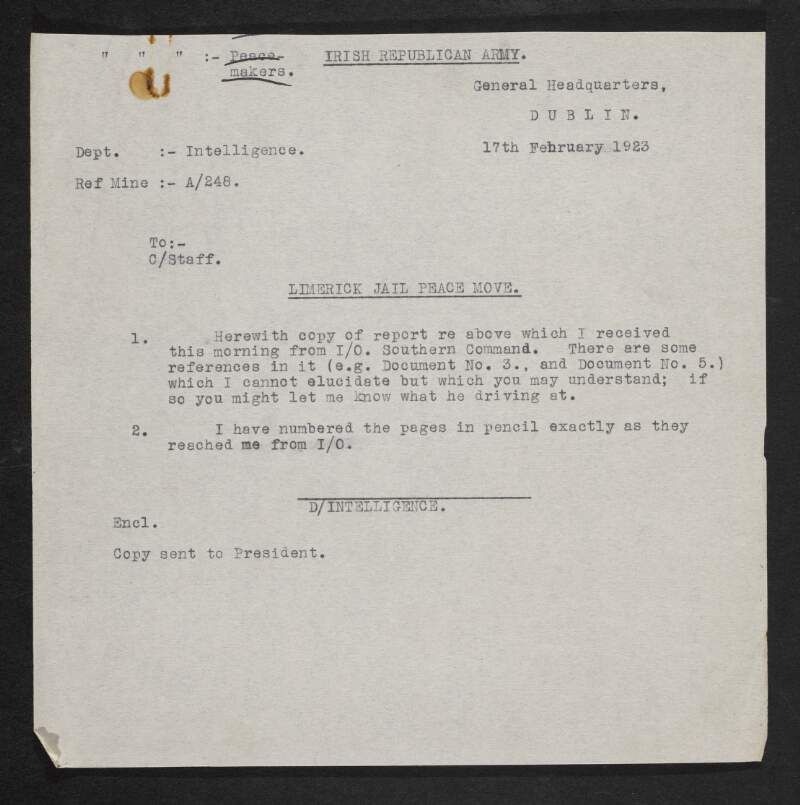 Copy of letter sent to I. R. A. staff  regarding the 'Limerick Peace Move',