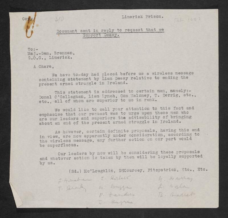 Copy letter from Seán McLoughlin and fellow prisoners in Limerick Jail, to Major General Michael Brennan, regarding a statement made by Liam Deasy in support of peace, and requesting their superiors to consider it,