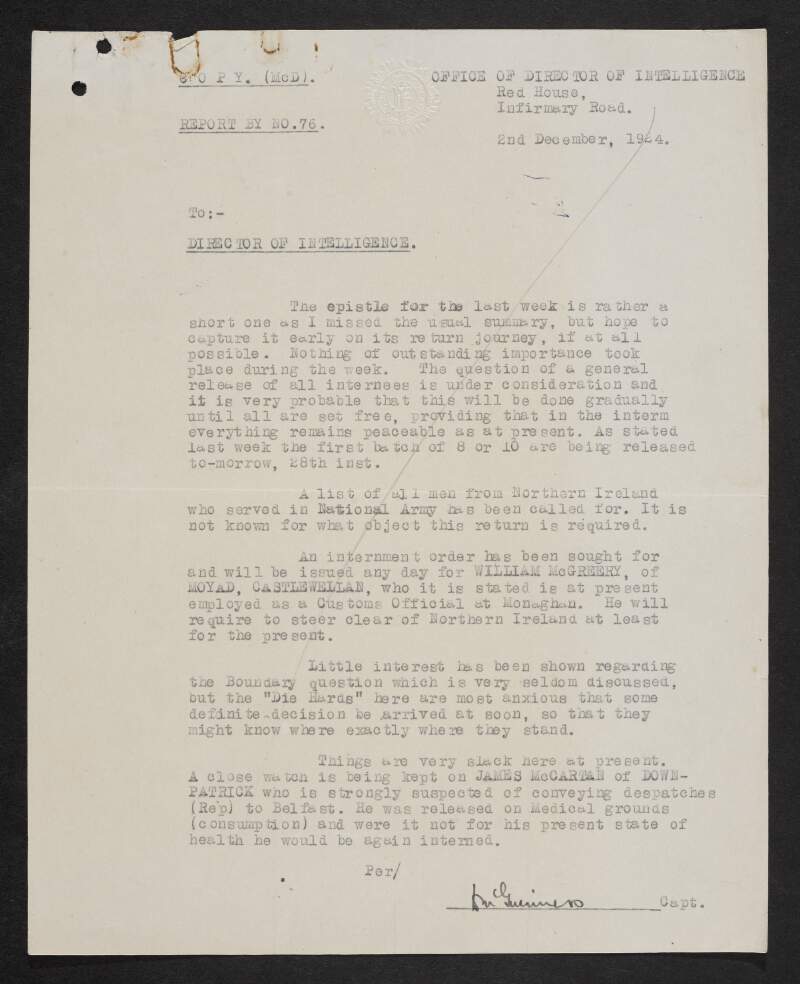 Letter from Captain [Guinness?] to the Director of Intelligence regarding the release of internees and a request to list all men from Northern Ireland who served in the National Army,