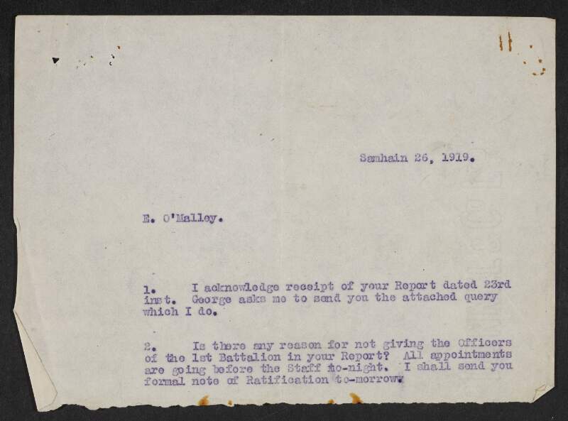 Copy letter to Ernie O'Malley acknowledging receipt of his report,