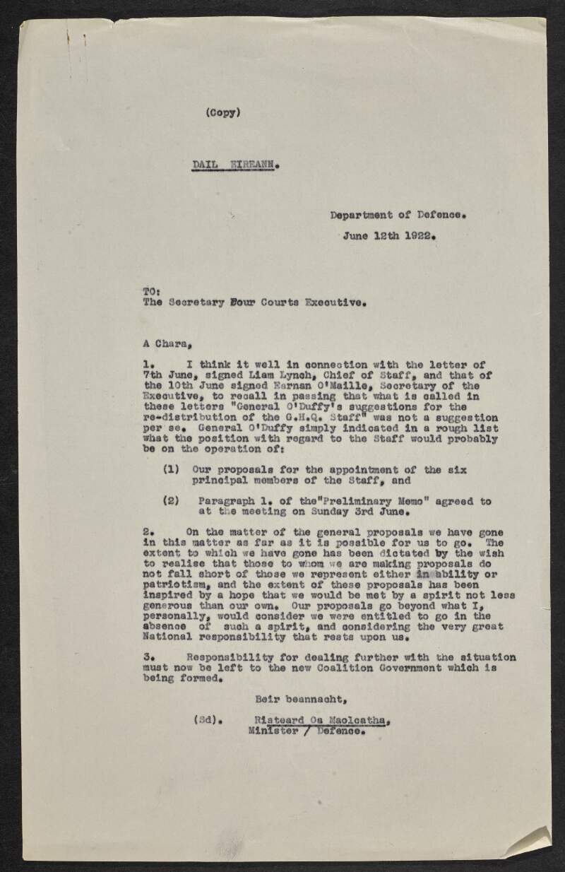 Copy letter from Richard Mulcahy to Ernie O'Malley regarding proposals for the appointment of staff,