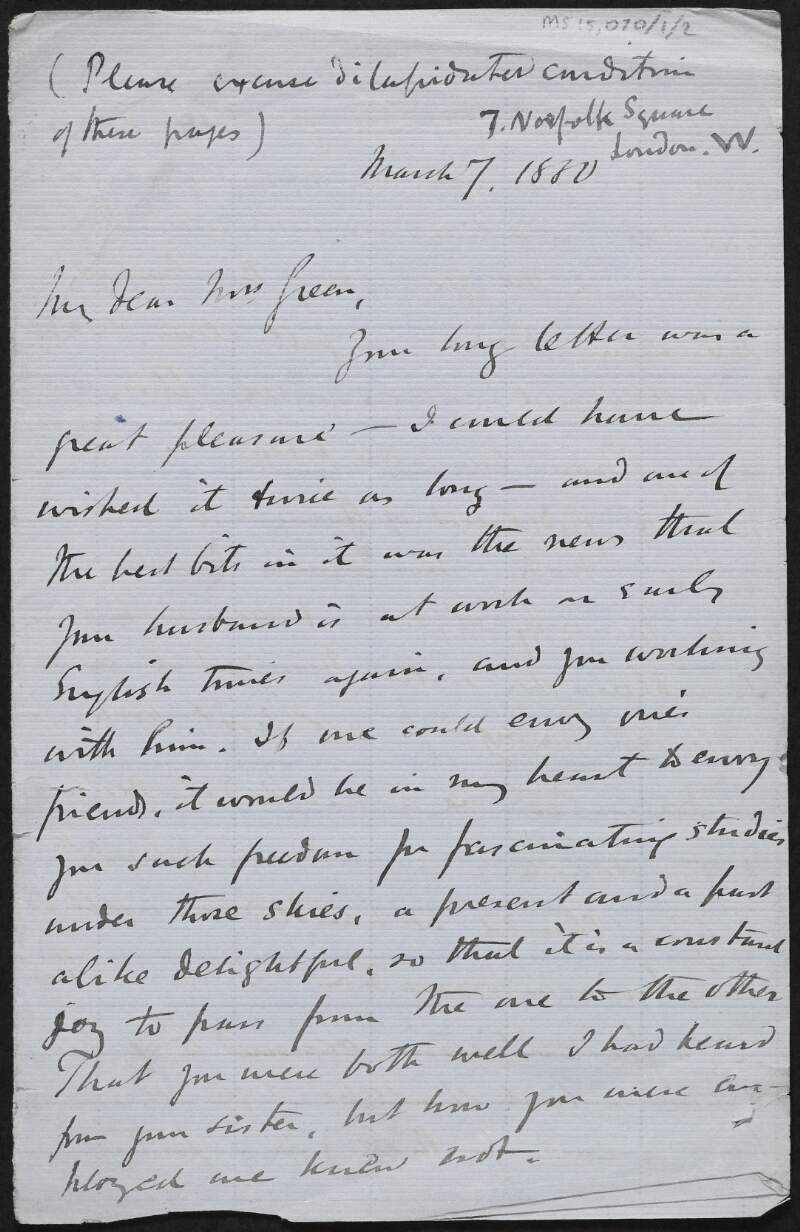 Letter from James Bryce, Viscount Bryce, to Alice Stopford Green and John Richard Green regarding their work and the general election,