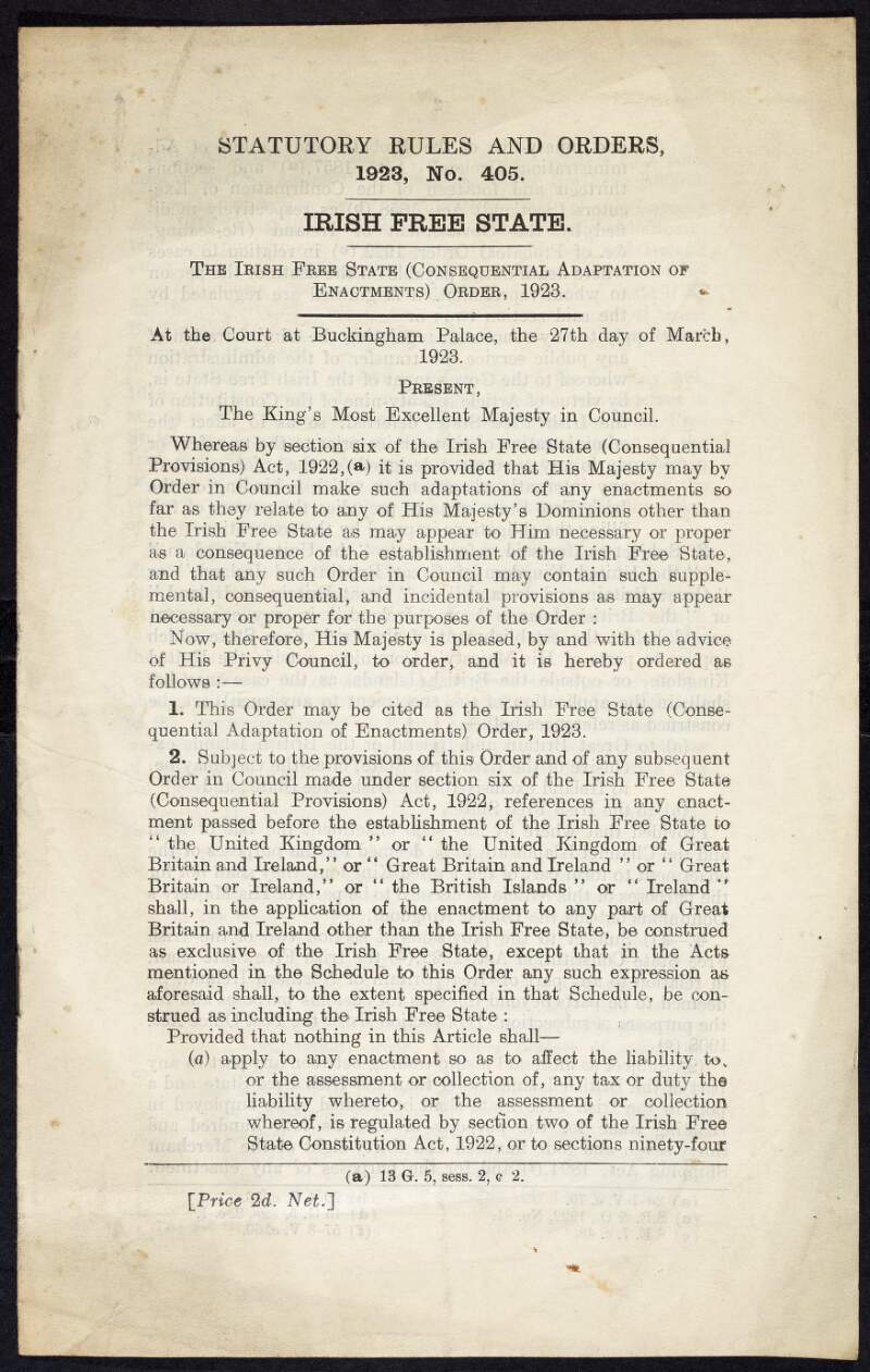 'Statutory Rules and Orders, 1923, No. 405. Irish Free State. The Irish Free State (Consequential Adaptation of Enactments) Order, 1923',