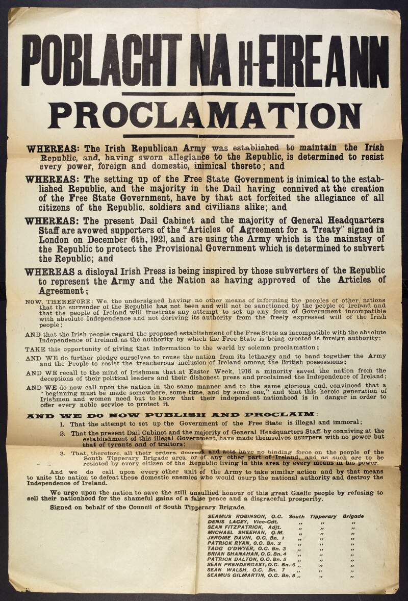 Anti-Treatyite proclamation by the Council of the IRA South Tipperary Brigade, pledging to fight against the Treaty and its supporters who "are to be resisted by every citizen of the Republic",