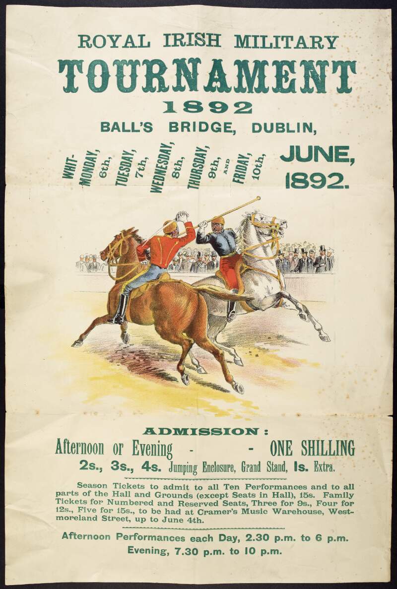 Poster for 'Royal Irish Military Tournament / 1892 / Ball’s Bridge, Dublin', displaying two duelling soldiers on horseback with spectators in the background,