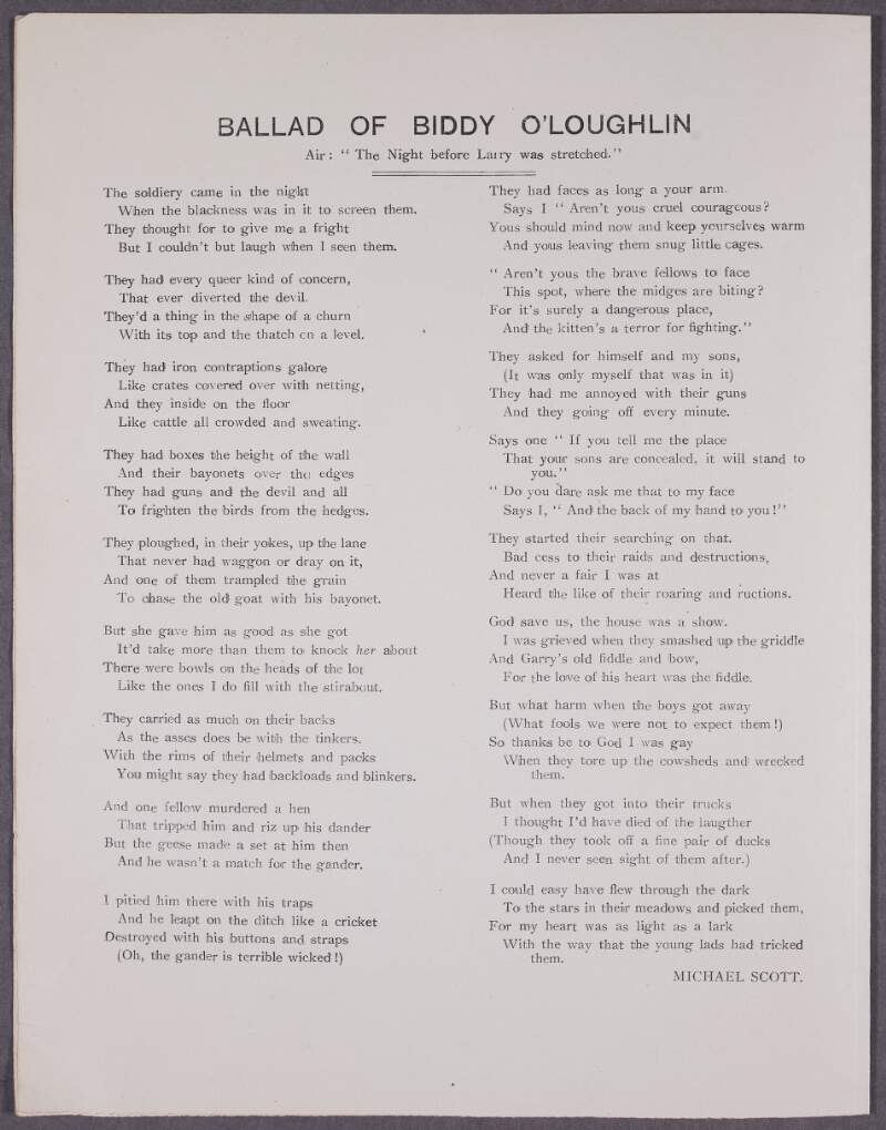 Lyrics by Michael Scott for 'Ballad of Biddy O’Loughlin' and 'Ballad for Kevin Barry',