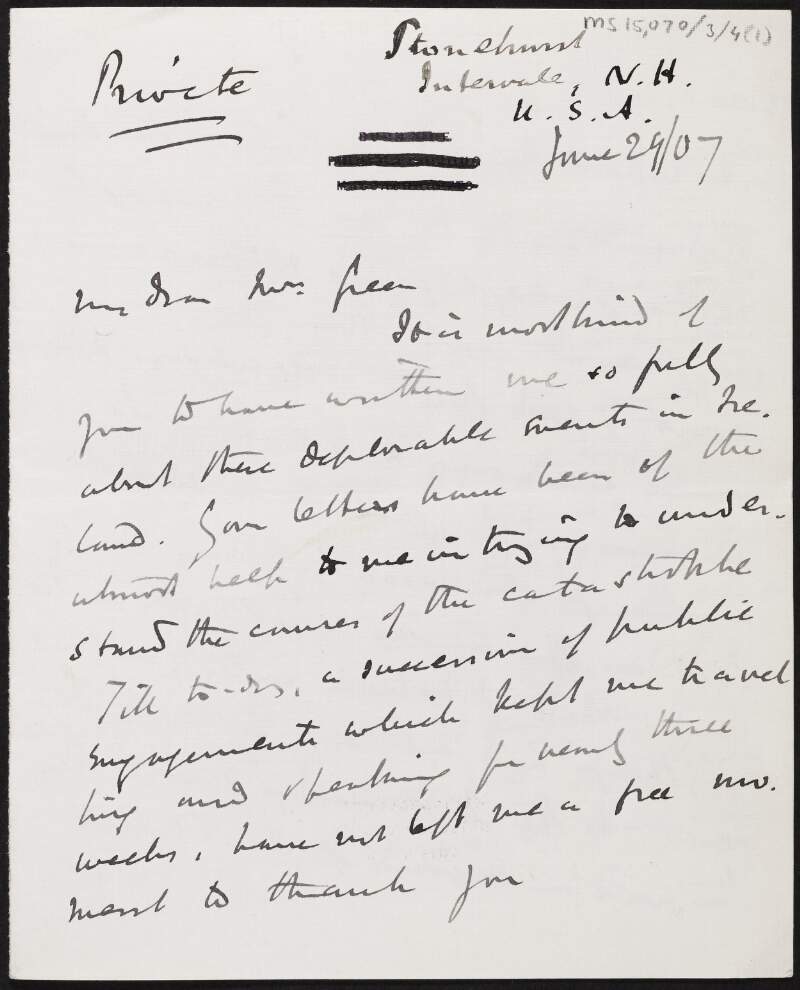 Letter from James Bryce, Viscount Bryce, to Alice Stopford Green regarding the rejection of the Education Bill,