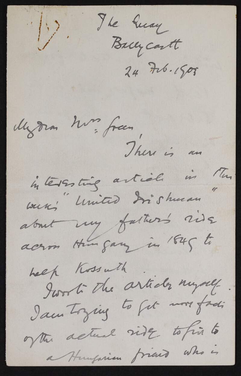 Letter from Roger Casement to Alice Stopford Green regarding an article that he has written for the 'United Irishman',