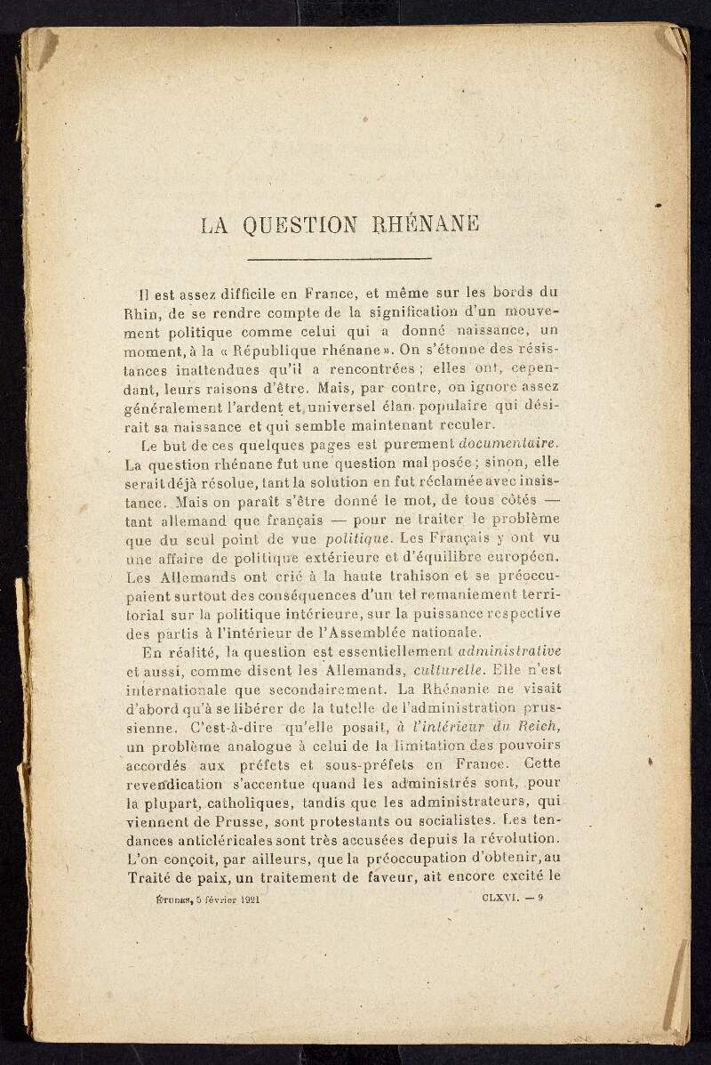 'La Revue universelle', beginning with an article titled 'La Question Rhénane' [The Rhine question] and containing an article titled 'La Crise Irlandaise' [The Irish Crisis] by Stephen J. Brown,
