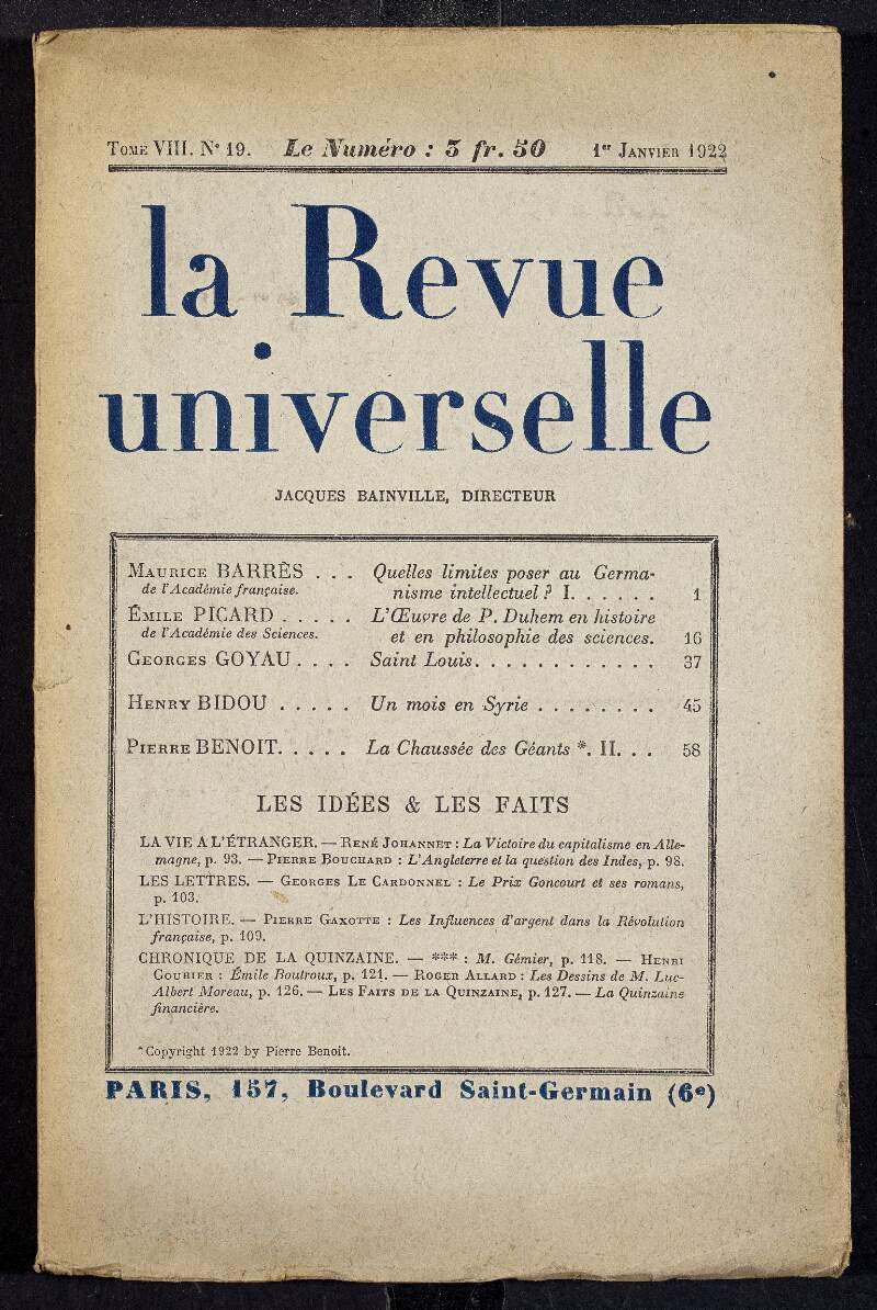 'La Revue universelle', Vol. VIII, no. 19,