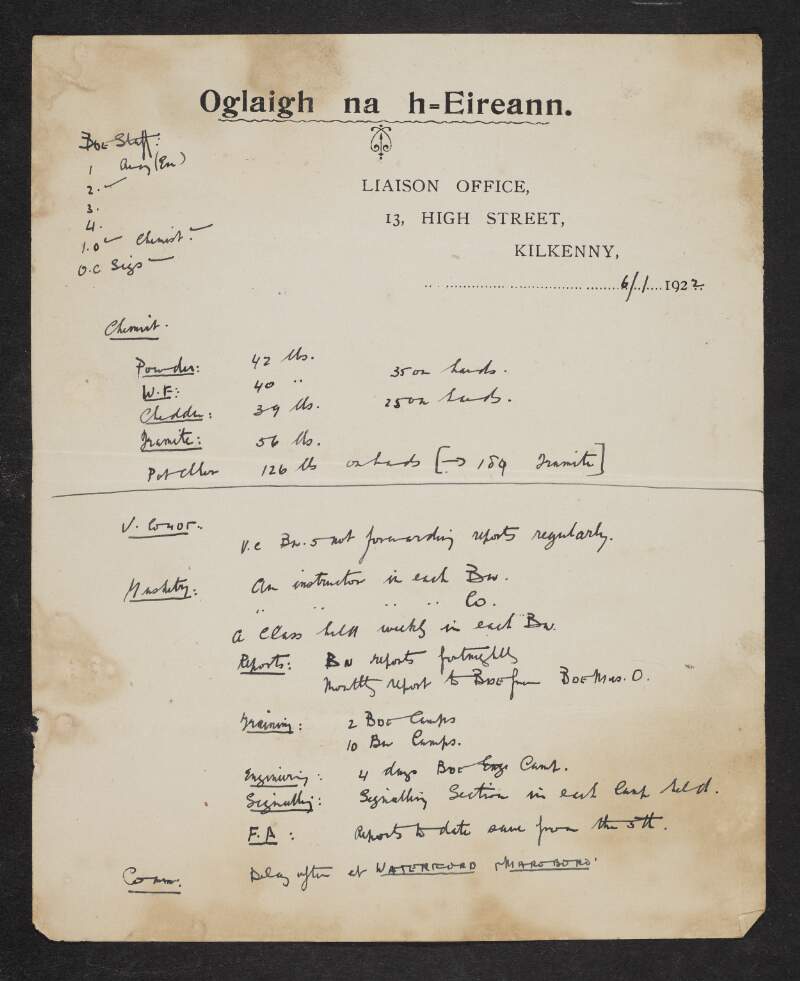 Manuscript notes relating to the Kilkenny Brigade of the IRA,