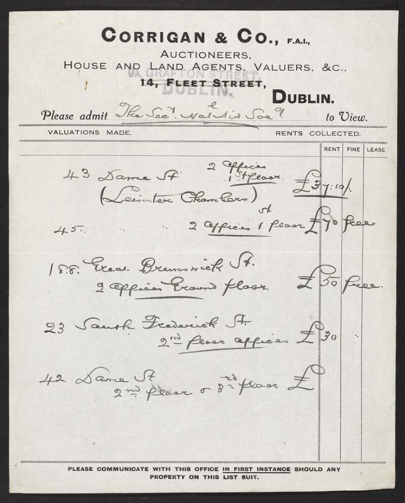 Notice of agreement from Corrigan & Co., auctioneers, to admit for viewing the INAAVD into a number of properties in Dublin,