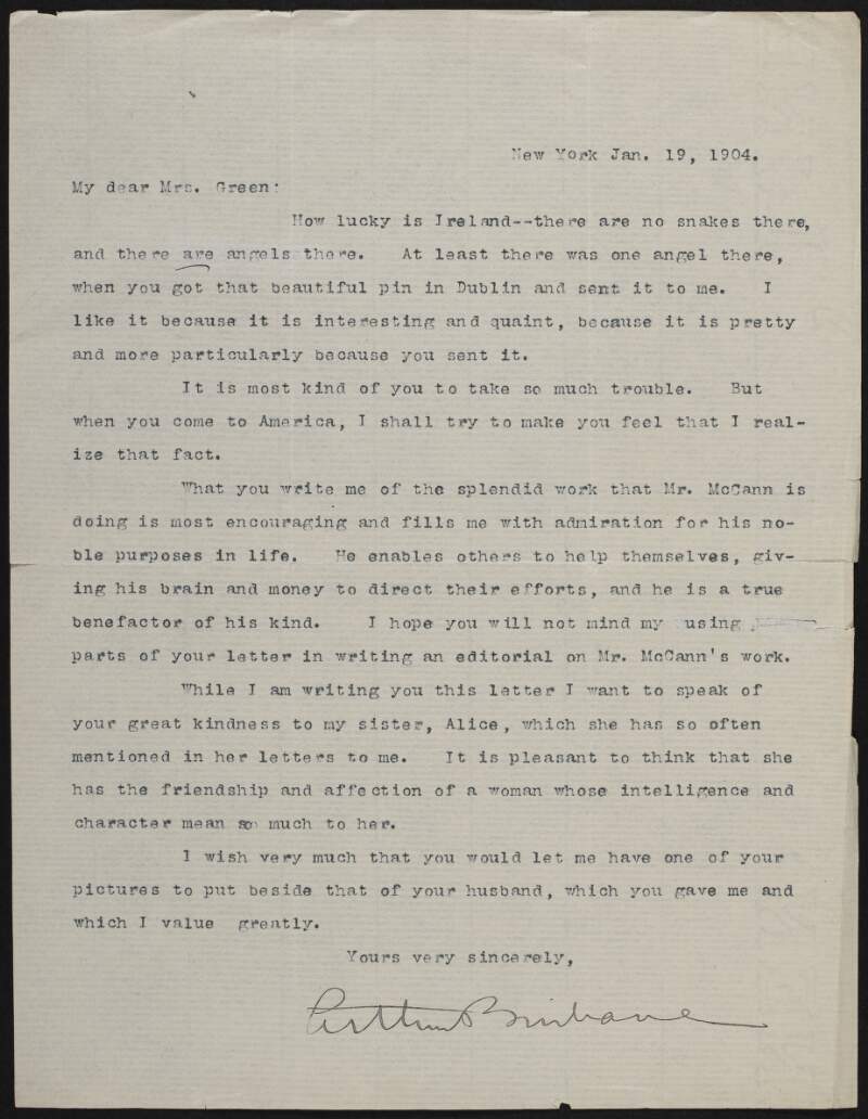 Letter from Arthur Brisbane to Alice Stopford Green regarding Arthur's sister Alice,