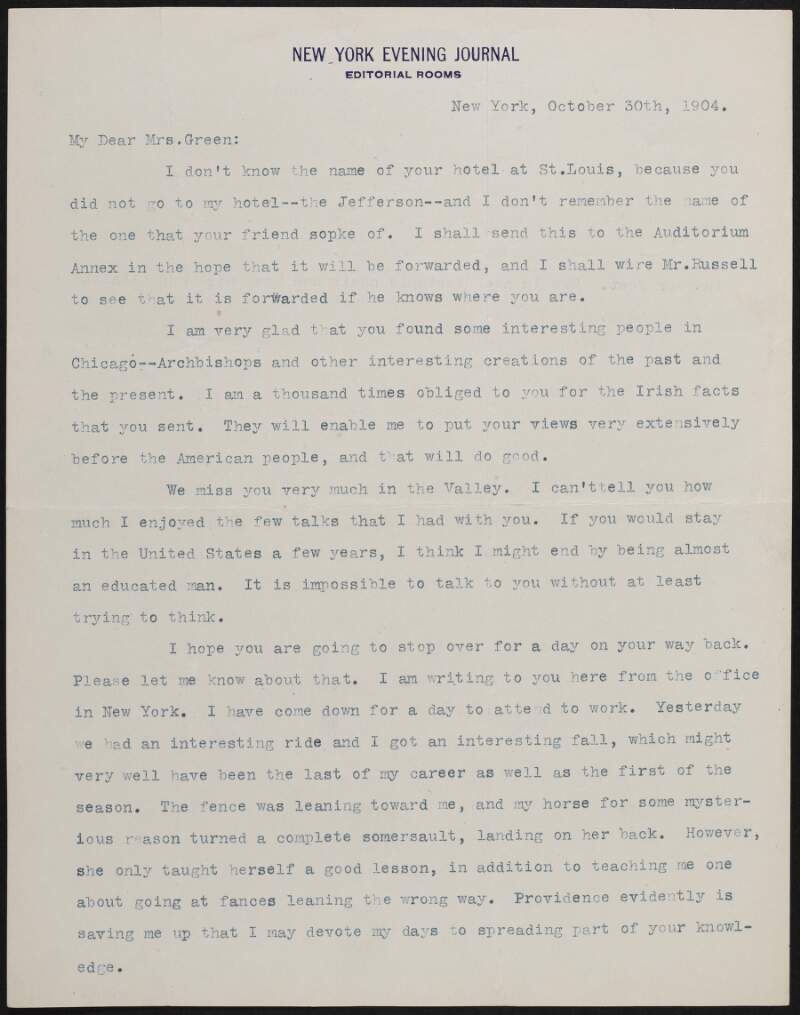Letter from Arthur Brisbane to Alice Stopford Green regarding the American election of 1904,