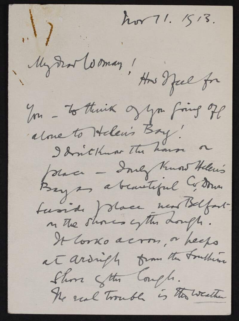 Letter from Roger Casement to Alice Stopford Green regarding the political situation in Ireland and the possibility of a religious war,