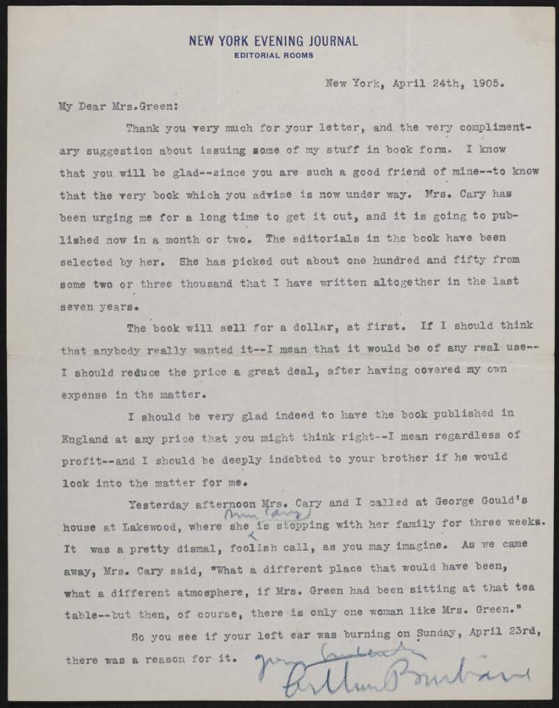 Letter from Arthur Brisbane to Alice Stopford Green regarding the publication of Brisbane's book,