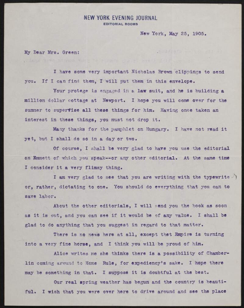 Letter from Arthur Brisbane to Alice Stopford Green regarding Alice's "protégé" being involved in a lawsuit, Brisbane's horse "Empire" and the likelihood of Chamberlain introducing Home Rule,