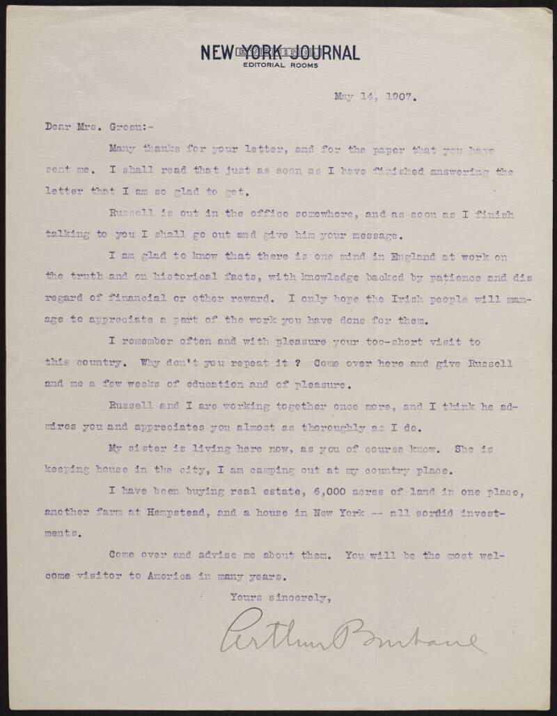 Letter from Arthur Brisbane to Alice Stopford Green regarding the property he purchased in New York and New Jersey,