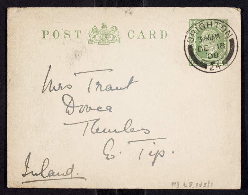 Postcard from Hope Trant, 72 Grand Parade, Brighton, England to her mother, Emily Georgina Trant, Dovea, Thurles, Co. Tipperary,