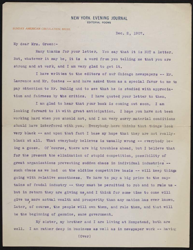 Letter from Arthur Brisbane to Alice Stopford Green regarding the American economy,