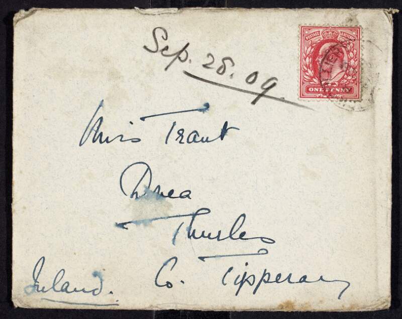Letter from Hope Trant, Theatre Royal, Shotton Colliery, [Co. Durham, England] to her sister Irene Trant, Dovea, Co. Tipperary, about performing at the theatre,