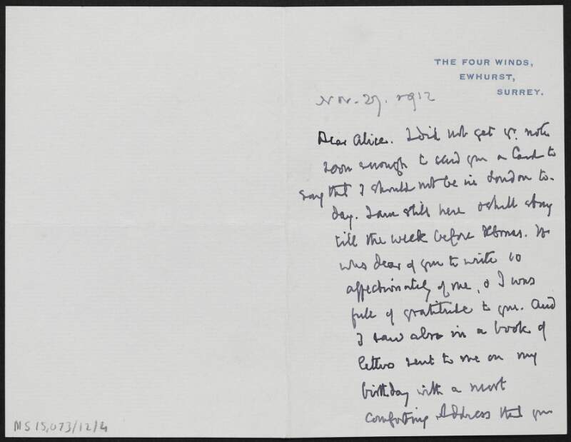 Letter from Stopford Augustus Brooke to Alice Stopford Green regarding a visit in London and an article Green wrote in 'The Nation',