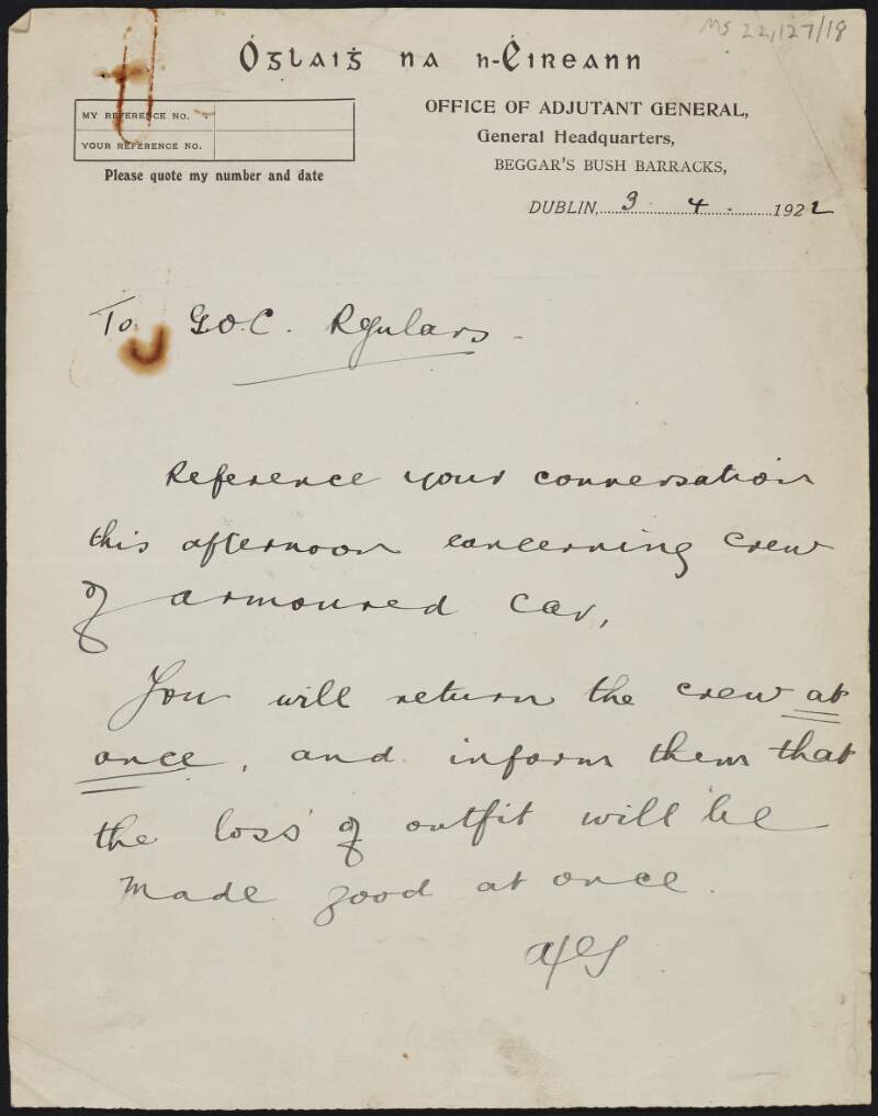 Letter from Adjutant General to GOC Regular Forces, J. J. O'Connell, demanding return of armoured car crew,