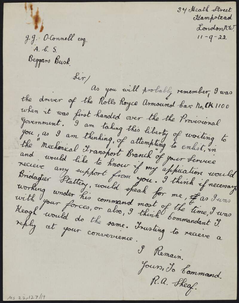 Letter from R. A. Sheaf to J. J. O'Connell,