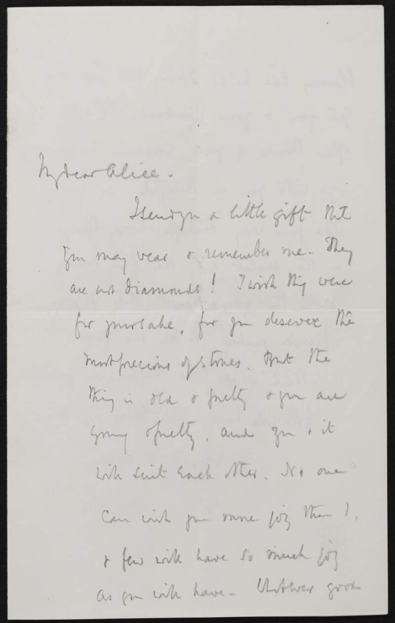 Letter from Stopford Augustus Brooke to Alice Stopford Green regarding a gift and wishing her and her husband well,