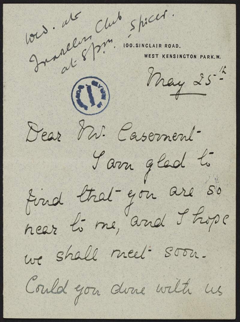 Letter from Richard Barry O'Brian to Roger Casement, discussing his article in 'Uladh', English government in Ireland, and requesting that he visit him,
