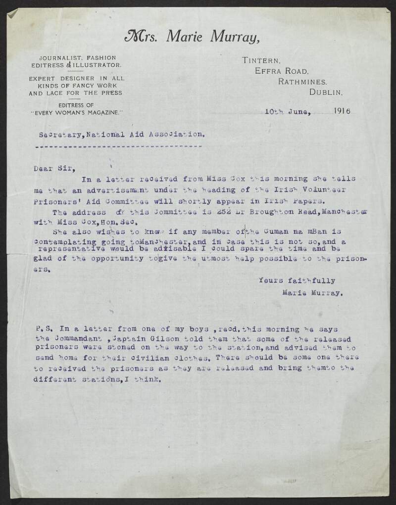 Letter from Marie Murray to the Secretary of the National Aid Association regarding treatment of Irish prisoners in England,