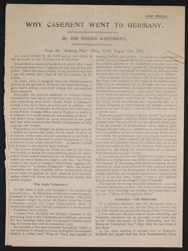 Printed copy of a letter by Roger Casement regarding his reasons for going to Germany,