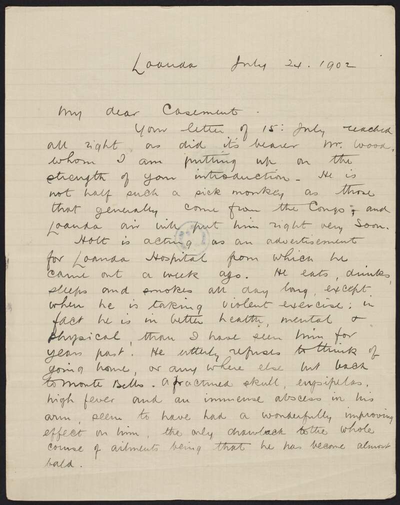 Letter from W. S. R. Brock to Roger Casement, discussing the health of a colleague named "Holt" and the treatment of the natives of Loanda,