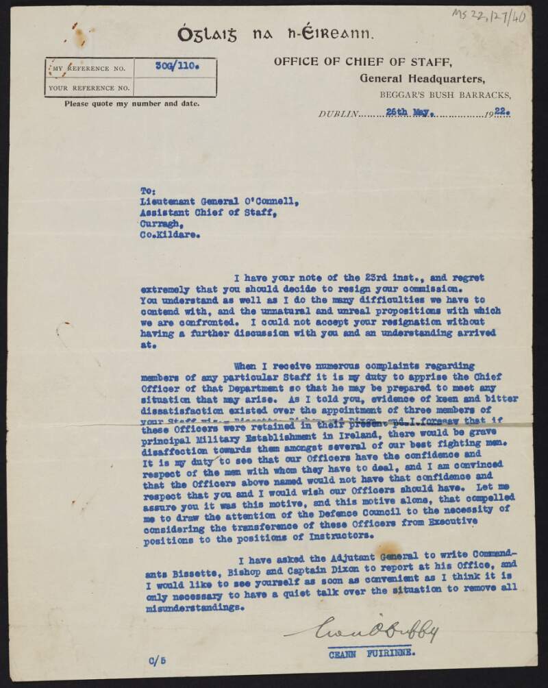 Letter from Eoin O'Duffy, Chief of Staff to J. J. O'Connell, Assistant Chief of Staff regarding the latter's offer of resignation,