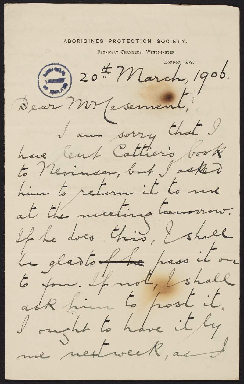 Letter from Henry Richard Fox Bourne to Roger Casement about returning Félicien Cattier's book to Casement and informing him that Cattier will be in London to visit the Foreign Office,