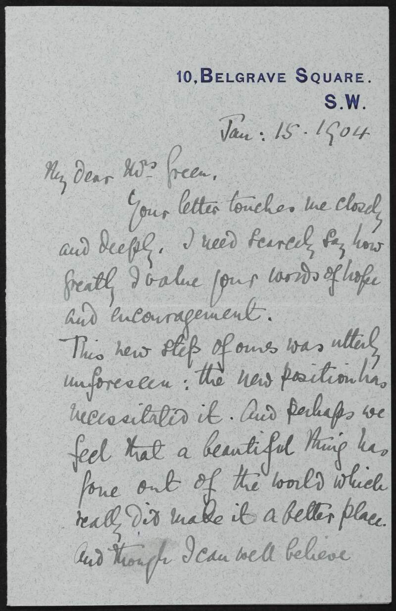 Letter from Mary B. Sterland to Alice Stopford Green regarding William Edward Collins' departure from England,