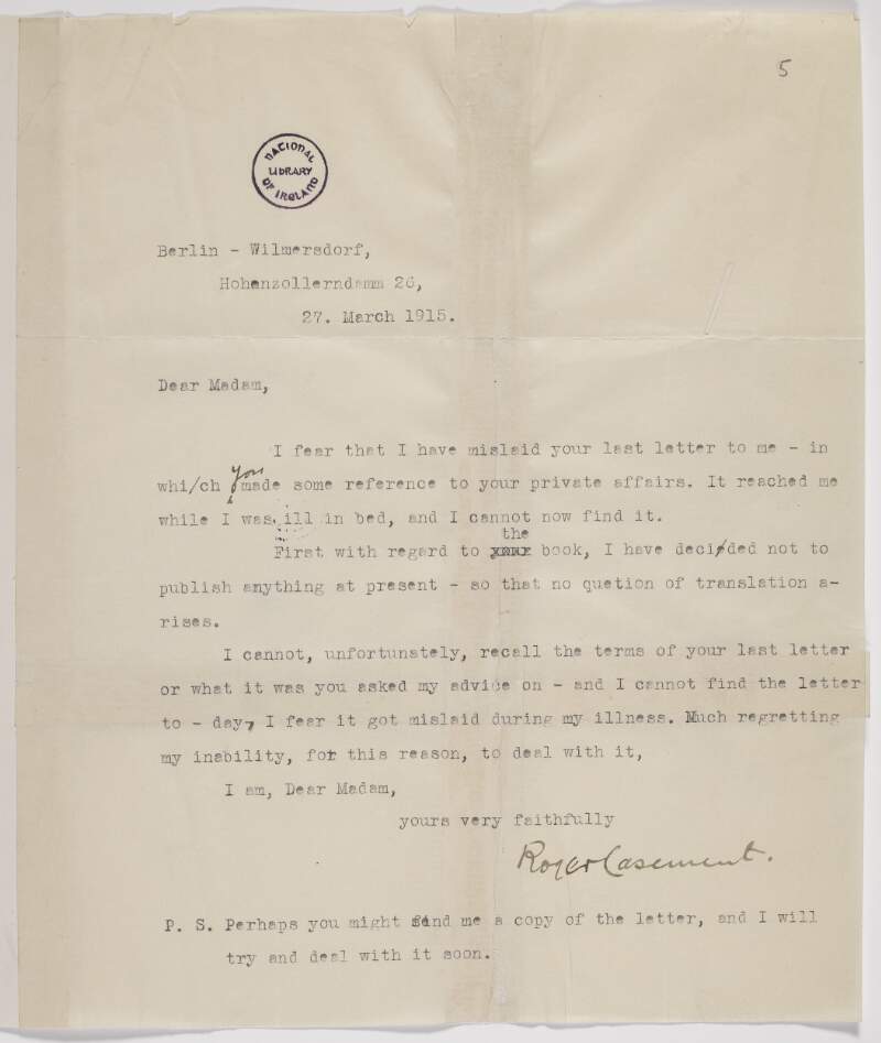 Letter from Roger Casement to Mrs. Elsa Douglas regarding her query about translating his future work and apologising for mislaying her previous letter,