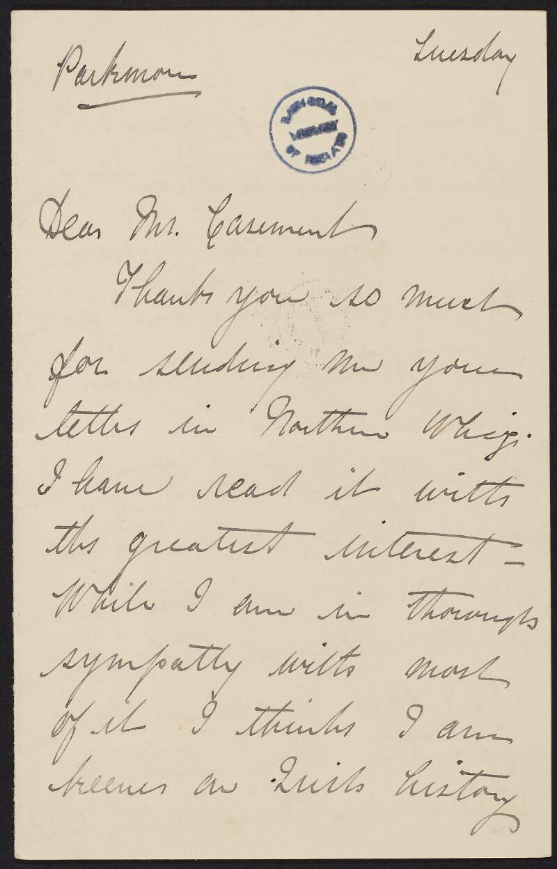 Letter from Margaret Dobbs to Roger Casement, discussing a letter regarding the Irish language and Irish history and also the printing of the Feis acounts,