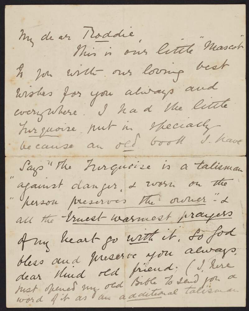 Letter from Mary Dunlop-Williams to Roger Casement with enclosed items [not extant] for good luck and wishing him the best of luck,