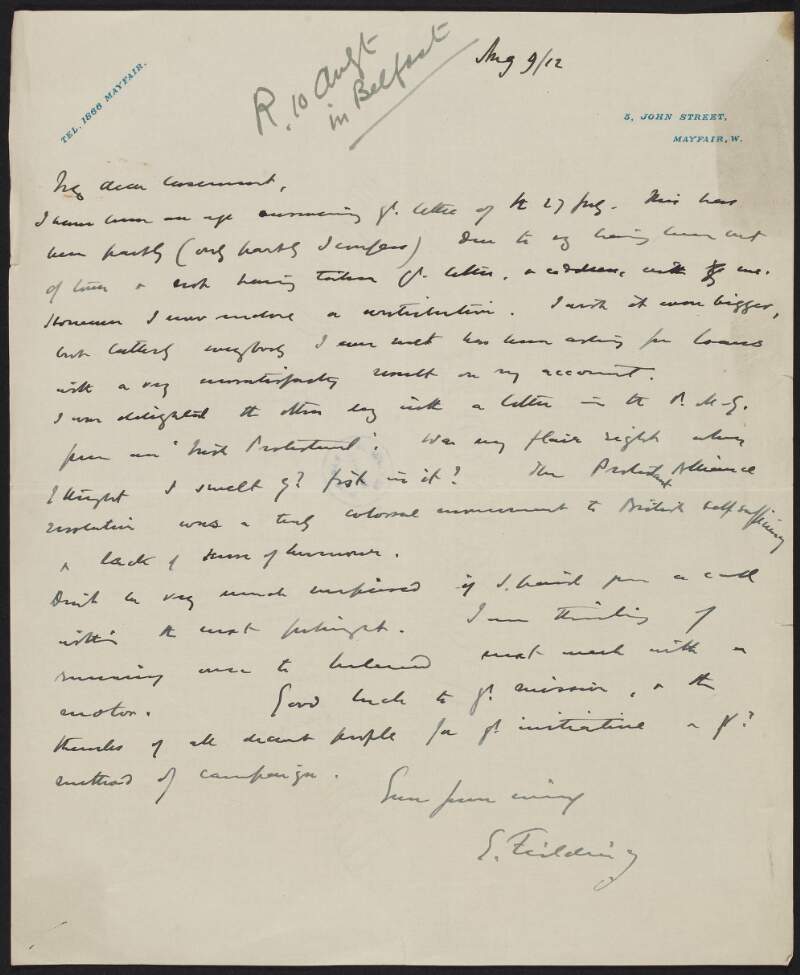 Letter from E. Fielding to Roger Casement on being asked for loans, how they are coming to Ireland with a motor and wishing him the best of luck,