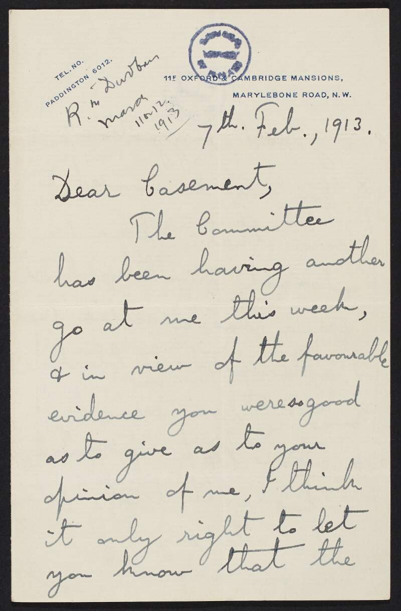 Letter from Hal L. Gielgud to Roger Casement, informing him that the committee believes he was bribed by "Arana" to conceal the true state of things in Putumayo and also that "Arana" is saying that Gielgud blackmailed him,