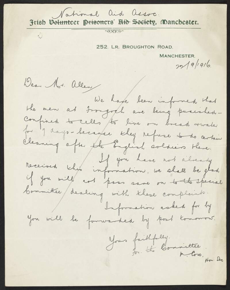 Letter from the Manchester branch, INAAVD, to Frederick J Allan, INAAVD, regarding behaviour and punishment of prisoners in Frongoch Prison,