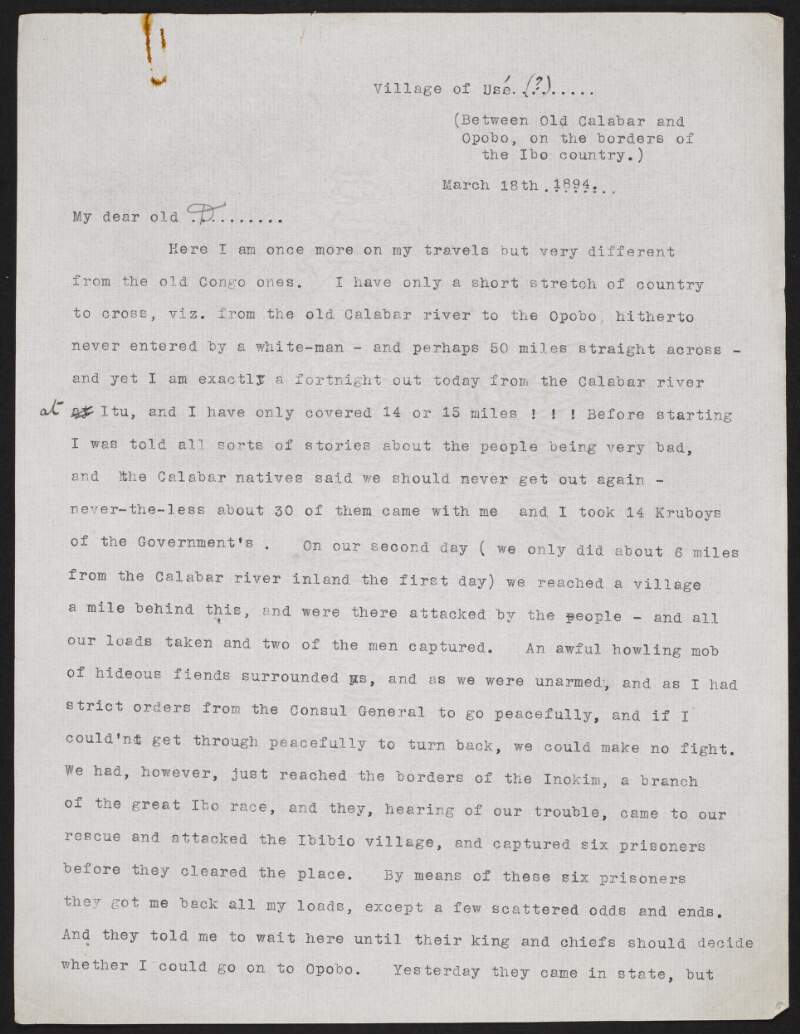 Letter from Roger Casement to Richard Morten regarding his travels through Nigeria,