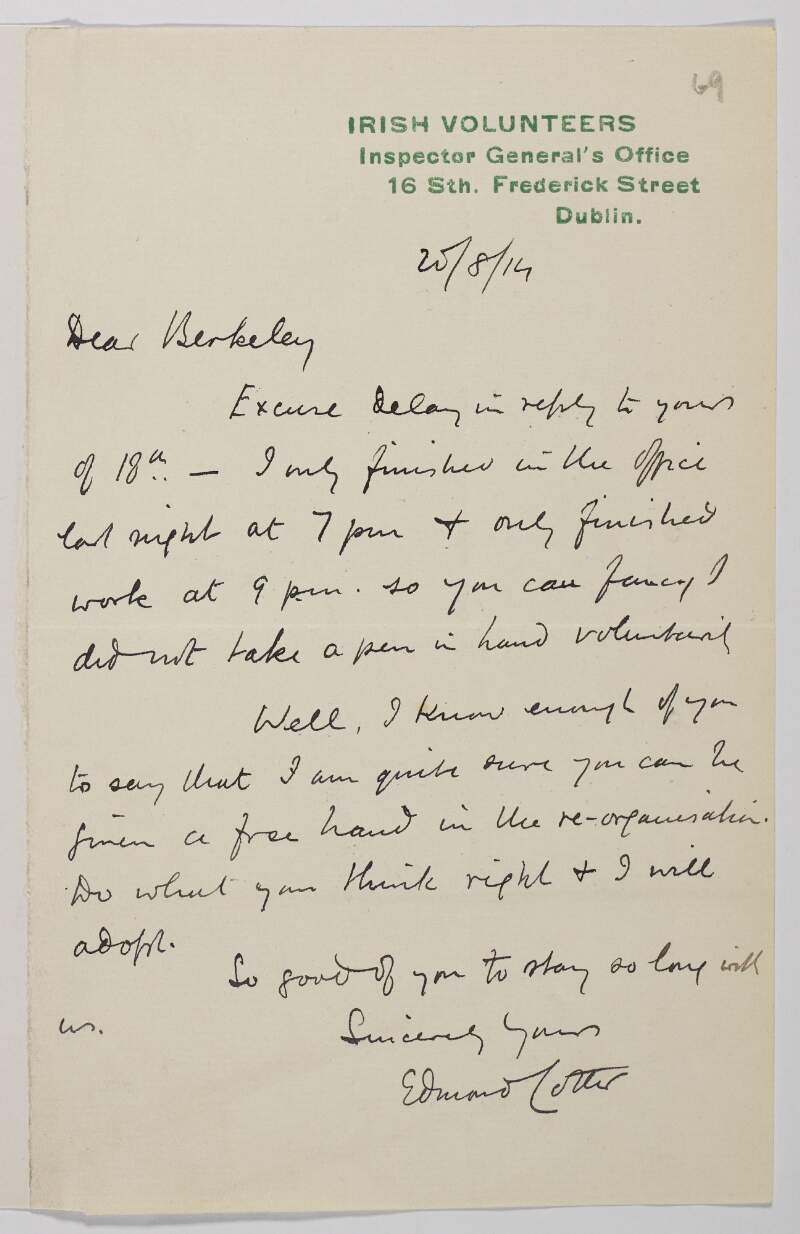 Letter from Edmond Cotter to George F.-H. Berkeley regarding Berkeley's reorganisation of the Belfast Volunteers,