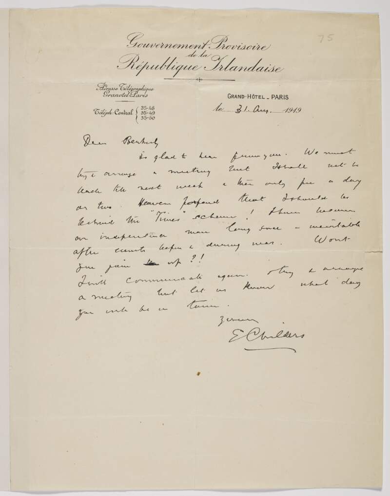 Letter from Erskine Childers to George F.-H. Berkeley hoping to arrange a meeting when he returns,