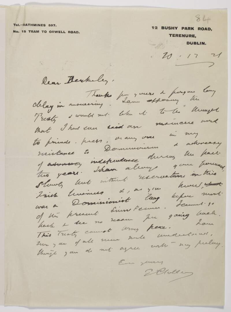 Letter from Erskine Childers to George F.-H. Berkeley regarding the Anglo-Irish Treaty which he feels cannot bring peace to Ireland,
