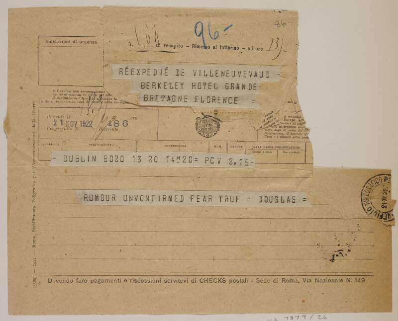 Telegram from J. G. Douglas to George F.-H. Berkeley regarding the sentencing to death of Erskine Childers,